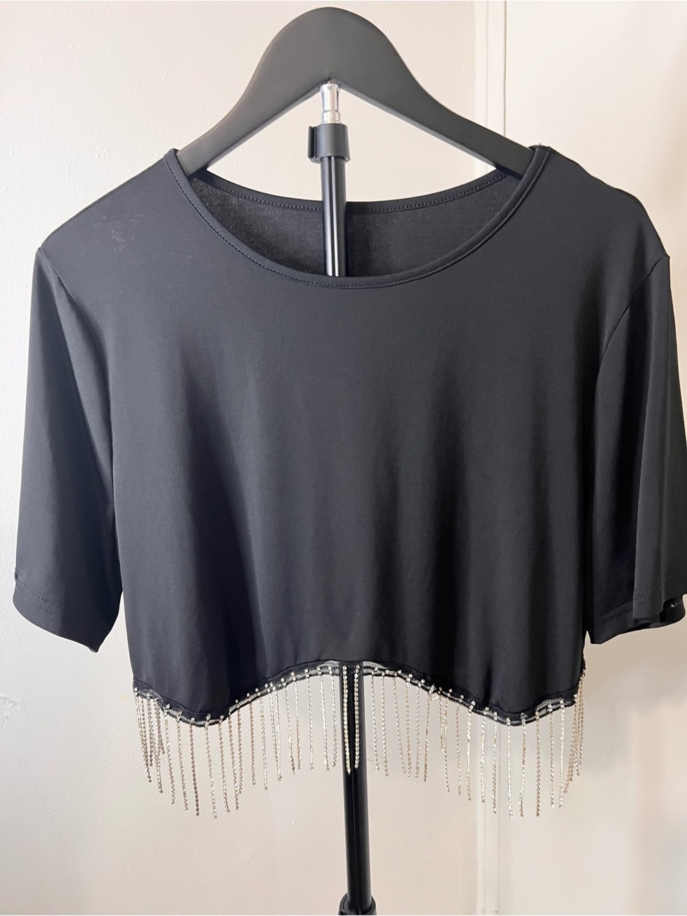 Black Cropped and Crystal Fringe Women's Stylish Top - Picture 4 of 4